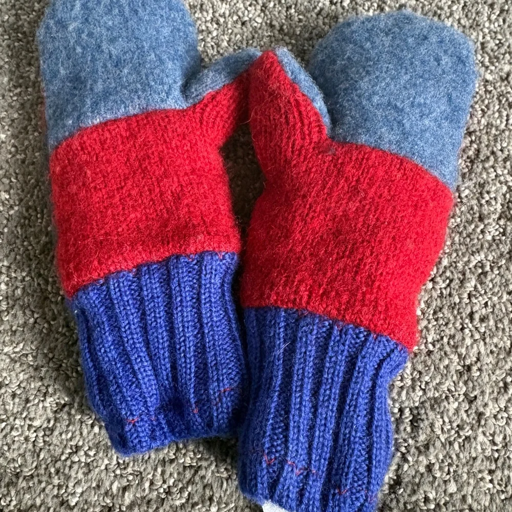 Children’s mittens, wool sweater  outer, fleece inner